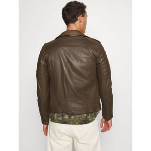 mens chocolate brown leather biker jacket back