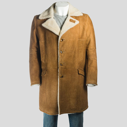 Men’s Cognac Crombie Style 3/4 Length Weathered Shearling Sheepskin Coat - Fashion Leather Jackets USA - 3AMOTO