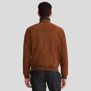 mens dark brown suede leather bomber jacket back