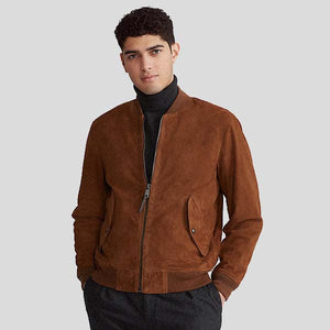 mens dark brown suede leather bomber jacket