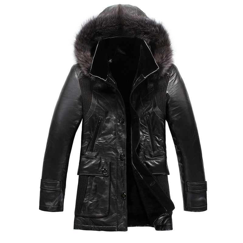 mens designer black lamb fur lined leather hooded coats