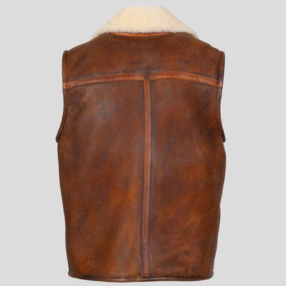 Mens Distressed Brown Shearling Fur Sheepksin Leather Vest Back