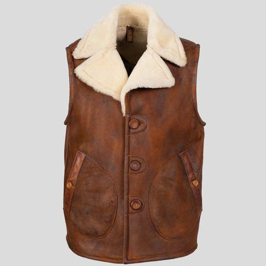 Mens Distressed Brown Shearling Fur Sheepksin Leather Vest - Fashion Leather Jackets USA - 3AMOTO