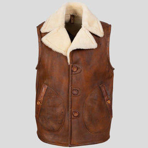 Mens Distressed Brown Shearling Fur Sheepksin Leather Vest