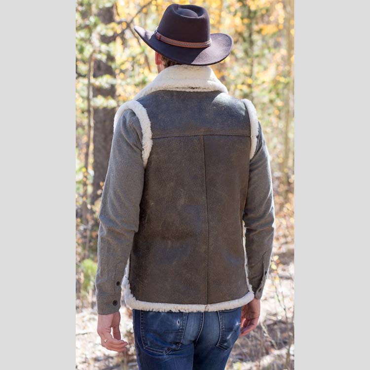 Mens Distressed Dark Brown Leather Shearling Vest Back