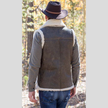 Mens Distressed Dark Brown Leather Shearling Vest Back