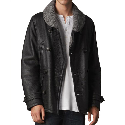 Mens Double Breasted Shearling Black Pea Coat - Fashion Leather Jackets USA - 3AMOTO