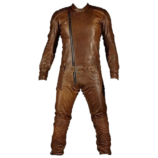 Mens Elegant Style Real Sheepskin Vintage Brown Leather Jumpsuit - Fashion Leather Jackets USA - 3AMOTO