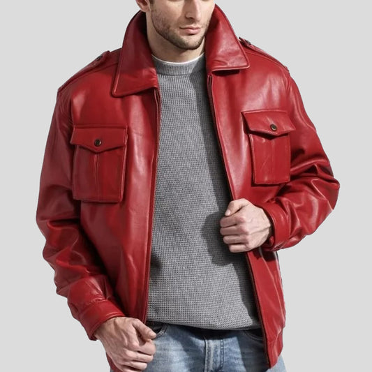 Mens Fashion Real Red Leather Bomber Jacket - 3amoto shop