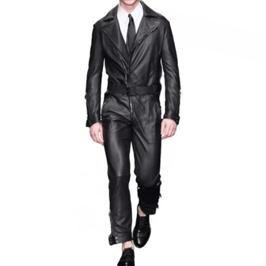 Mens Formal Wear Real Sheepskin Black Leather Jumpsuit - 3amoto shop