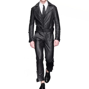 Mens Formal Wear Real Sheepskin Black Leather Jumpsuit