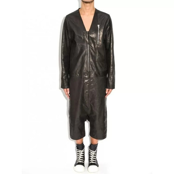 Mens Genuine Lambskin Black Leather Jumpsuit