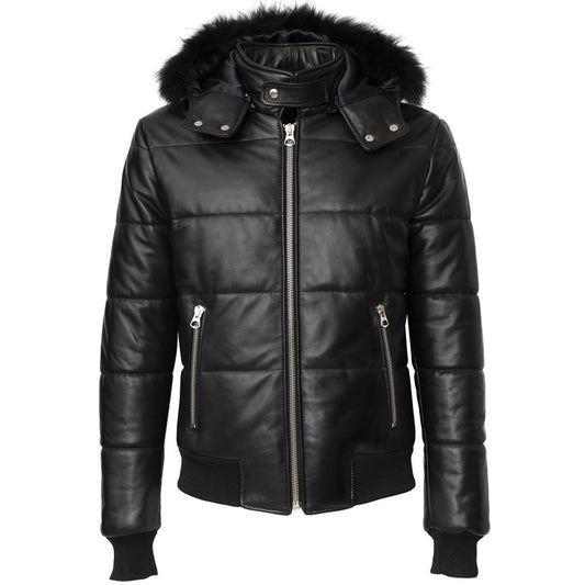 Mens Genuine Leather Winter Puffer Jacket Black With Fur Hood