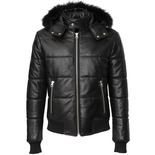 Mens Genuine Leather Winter Puffer Jacket Black With Fur Hood - Fashion Leather Jackets USA - 3AMOTO