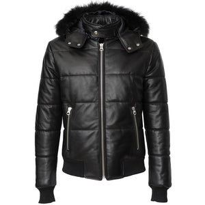 Mens Genuine Leather Winter Puffer Jacket Black With Fur Hood