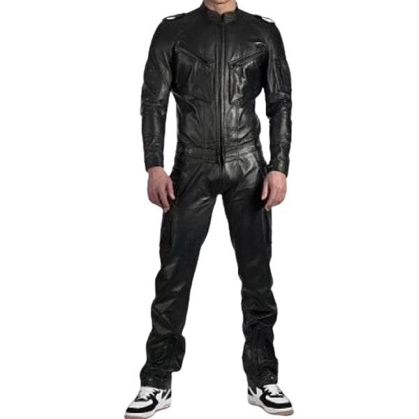 Mens Genuine Pure Black Leather Full Jumpsuit