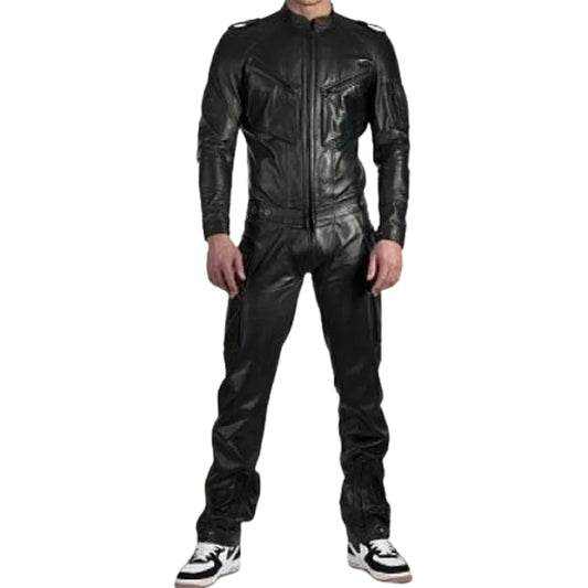 Mens Genuine Pure Black Leather Full Jumpsuit - 3amoto shop