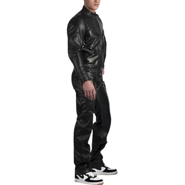 Mens Genuine Pure Black Leather Full Jumpsuit