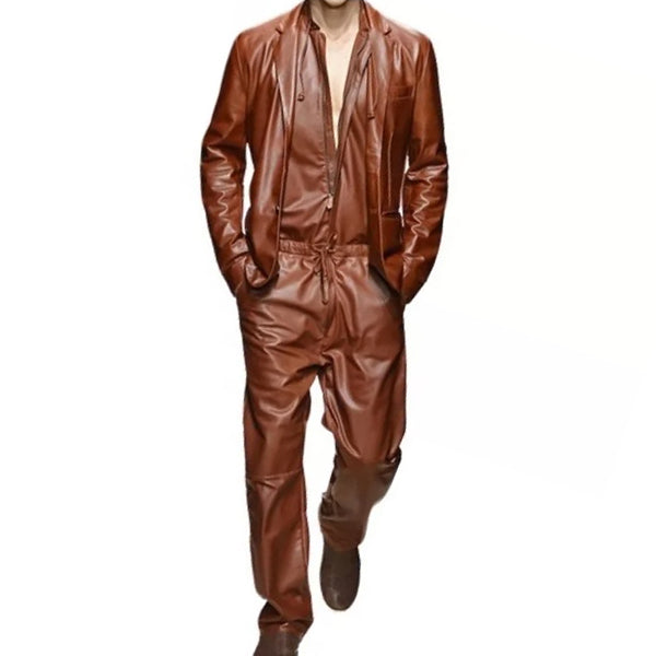 Mens Glamorous Real Sheepskin Brown Leather Jumpsuit With Blazer