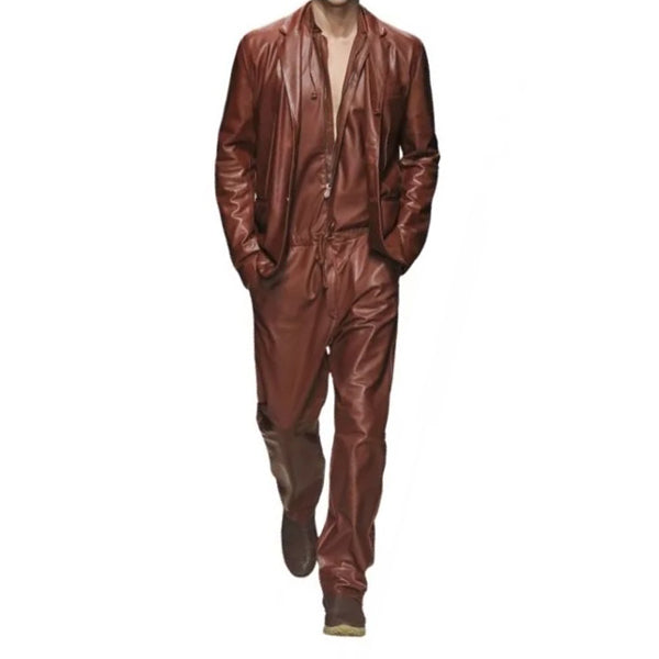 Mens Glamorous Real Sheepskin Brown Leather Jumpsuit With Blazer