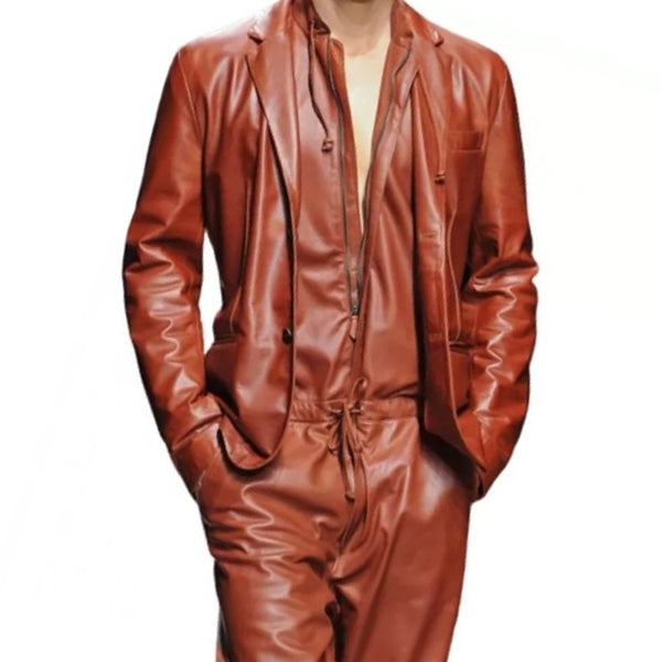 Mens Glamorous Real Sheepskin Brown Leather Jumpsuit With Blazer