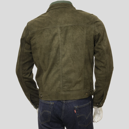 Mens Green Suede Leather Trucker Jacket Back