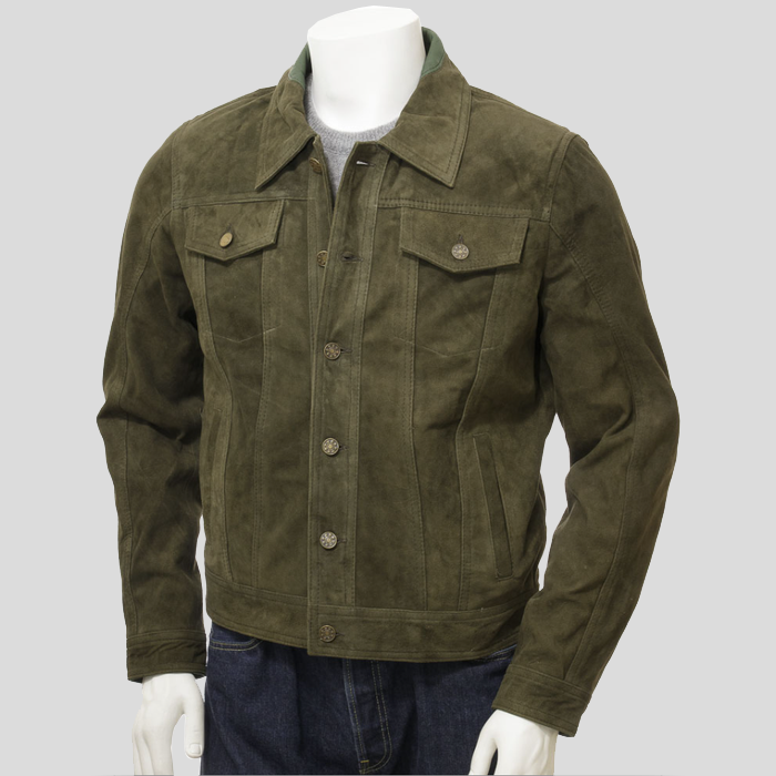Men's Olive Green Real Suede Leather Jacket Western Trucker