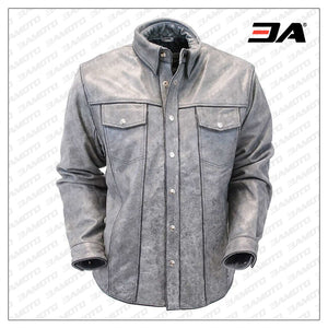 Mens Hand Painted Vintage Gray Leather Shirt