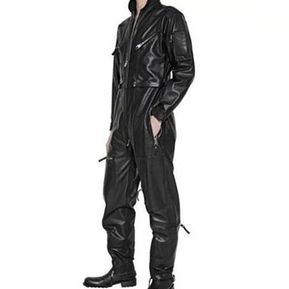 Mens High Fashion Real Sheepskin Black Leather Jumpsuit