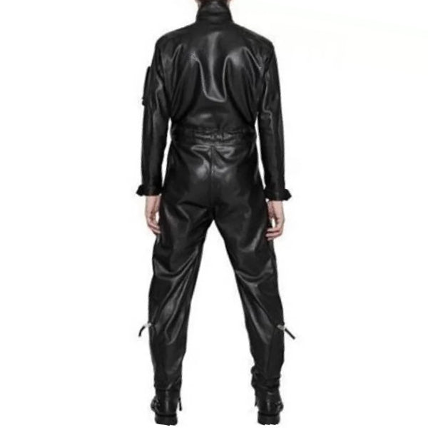 Mens Genuine Black Leather Bodysuit Jumpsuit