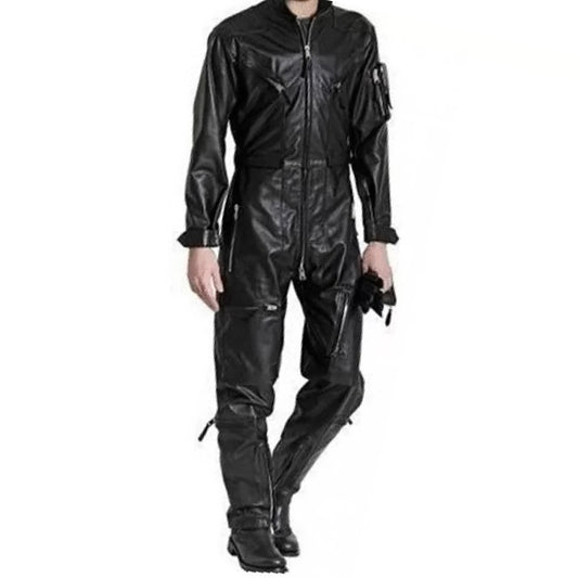 Mens High Fashion Real Sheepskin Black Leather Jumpsuit - Fashion Leather Jackets USA - 3AMOTO