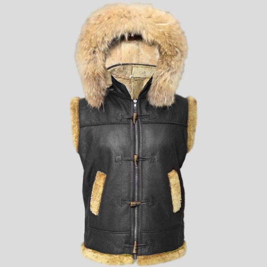 Mens Hooded B3 Aviator Leather Vest - Fashion Leather Jackets USA - 3AMOTO