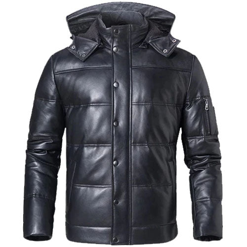 Mens Hooded Leather Puffer Jacket In Black - 3amoto shop