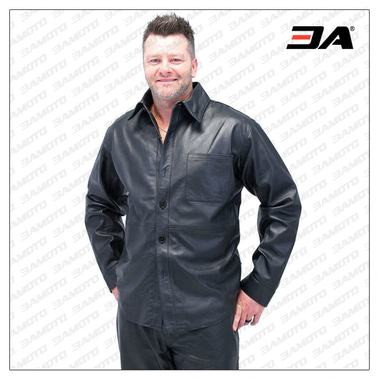 Mens Lambskin Button Down Leather Dress Shirt - Fashion Leather Jackets USA - 3AMOTO