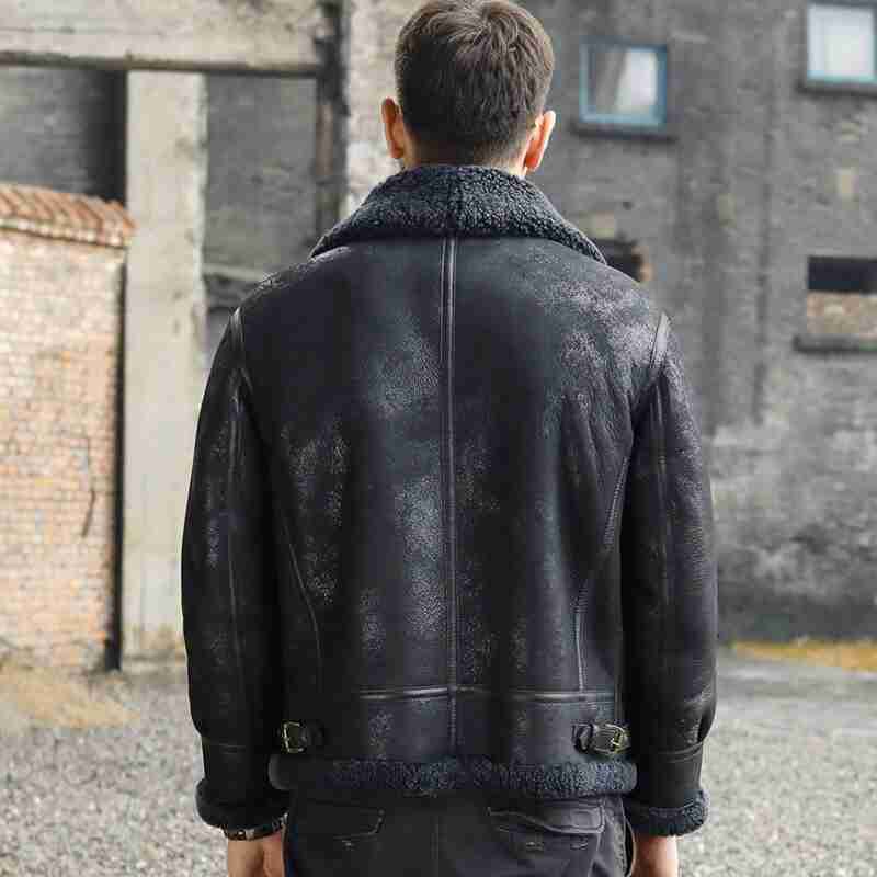 Men Shearling Sheepskin B3 Bomber Retro Aviator Flight Leather Jacket