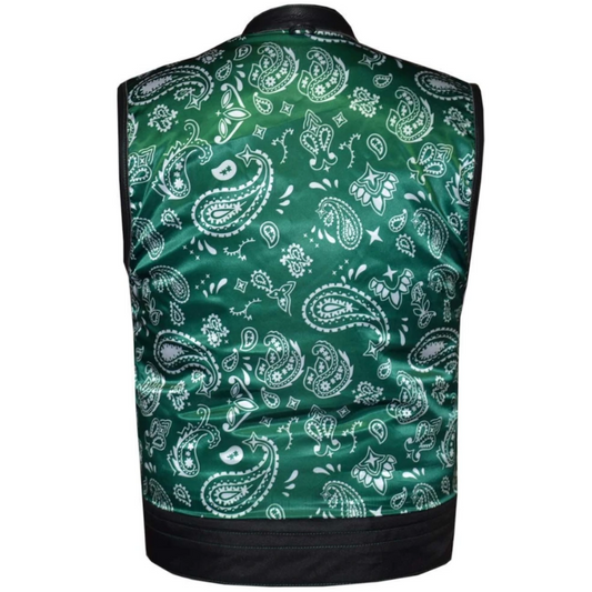 mens leather motorcycle club vest green paisley lining - 3amoto shop