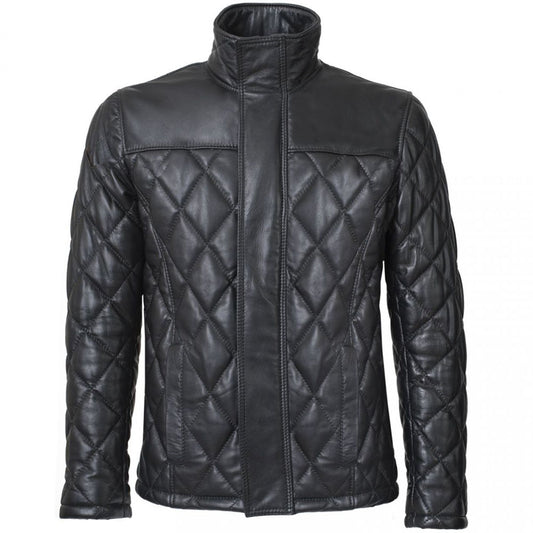 Mens Leather Winter Puffer Jacket With Turtle Neck - Fashion Leather Jackets USA - 3AMOTO