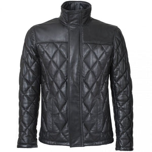 Mens Leather Winter Puffer Jacket With Turtle Neck