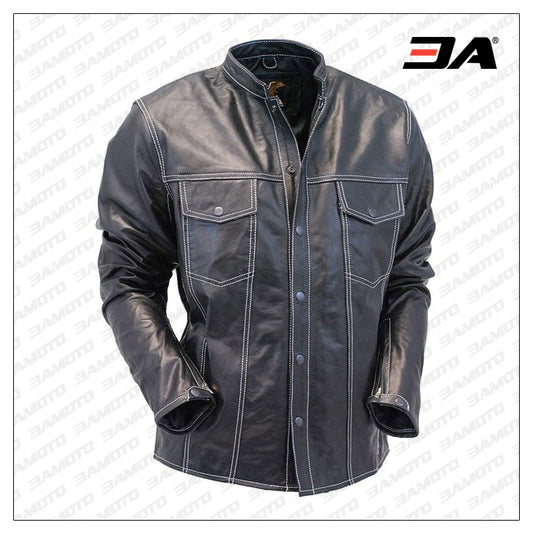 Mens Mandarin Collar Leather Shirt Gun Pocket - Fashion Leather Jackets USA - 3AMOTO