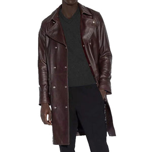 mens maroon belted leather trench coat