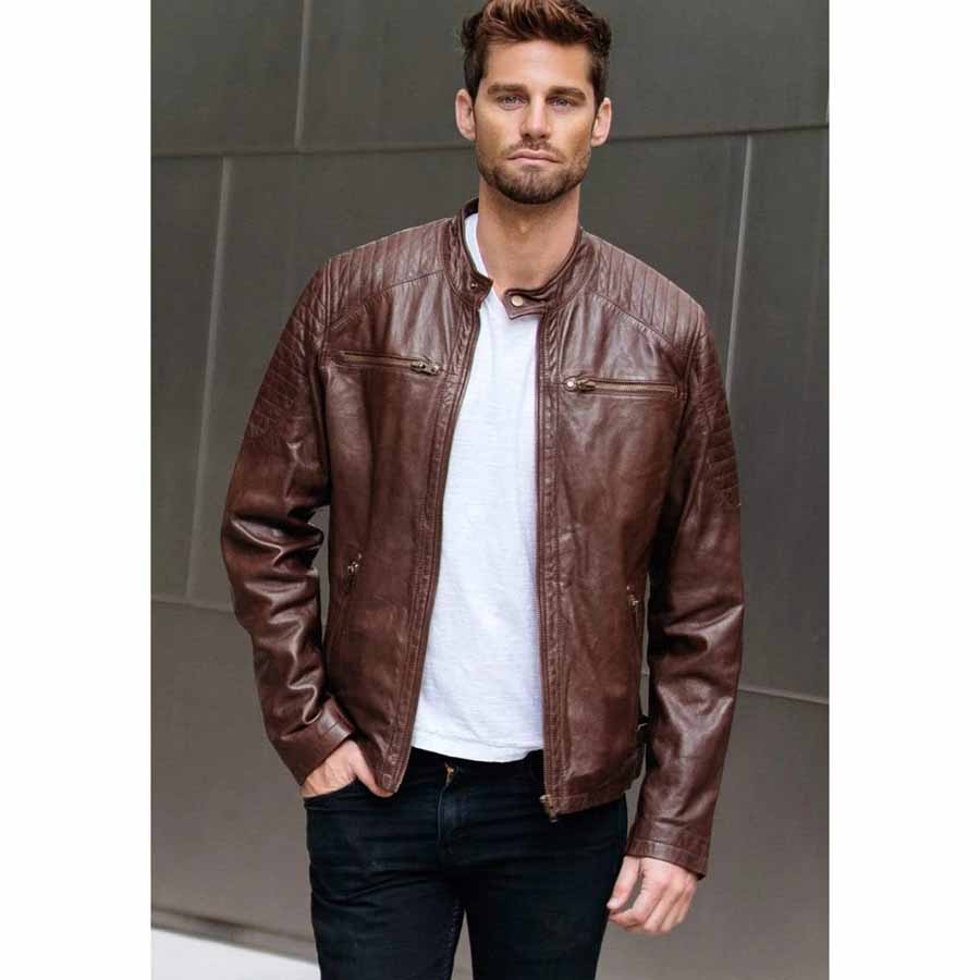 Mens Maroon Leather Biker Jacket Crew Neck