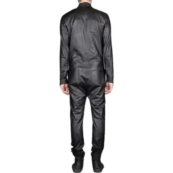 Mens New Cross Flight Black Leather Jumpsuit with Zip Details