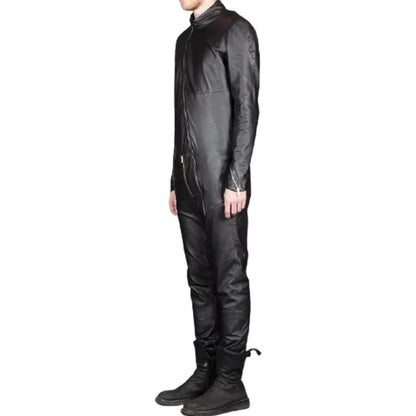 Mens New Cross Flight Black Leather Jumpsuit with Zip Details