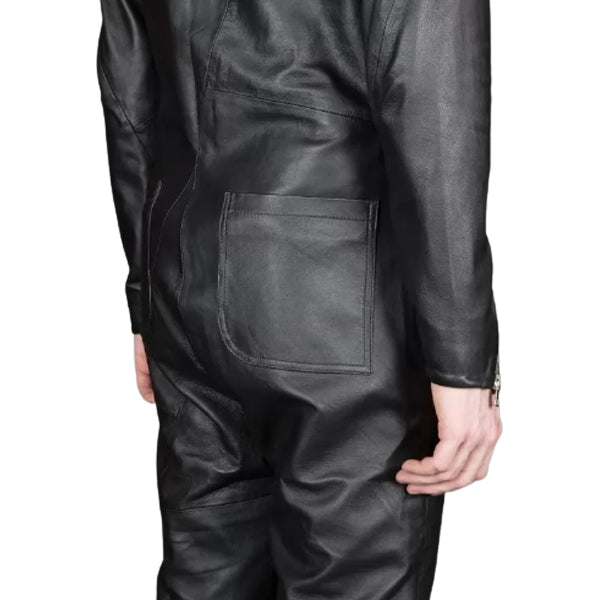 Mens New Cross Flight Black Leather Jumpsuit with Zip Details