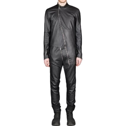 Mens New Cross Flight Black Leather Jumpsuit with Zip Details