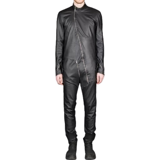 Mens New Cross Flight Black Leather Jumpsuit with Zip Details - Fashion Leather Jackets USA - 3AMOTO