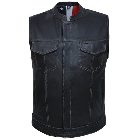 mens premium leather motorcycle vest with usa flag liner - 3amoto shop