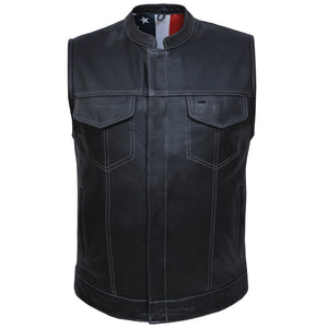 mens premium leather motorcycle vest with usa flag liner