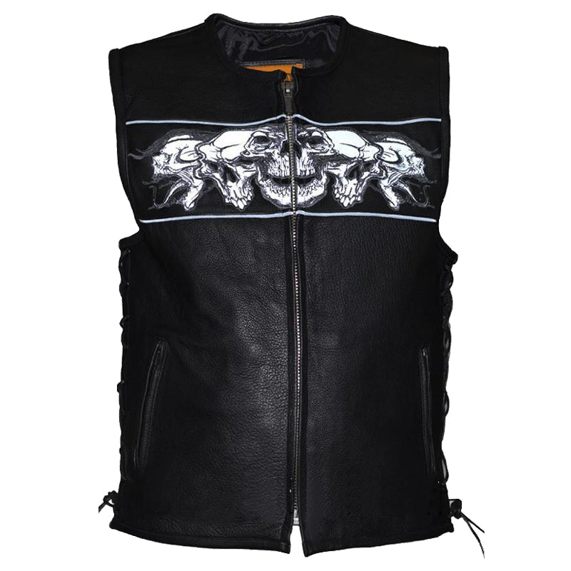 mens premium leather vest with night reflective skulls