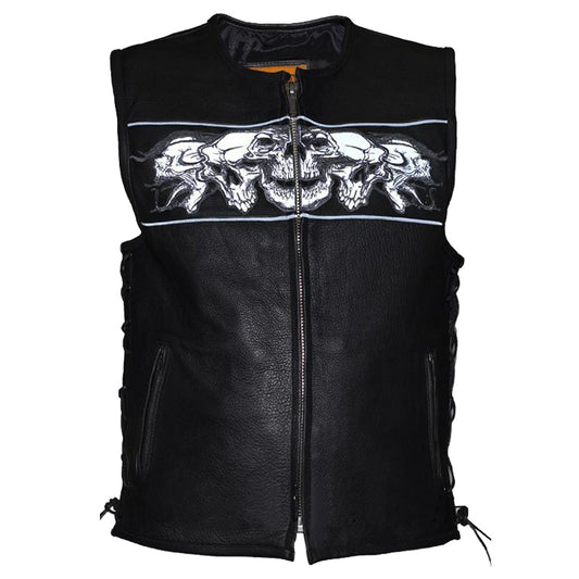 mens premium leather vest with night reflective skulls - Fashion Leather Jackets USA - 3AMOTO